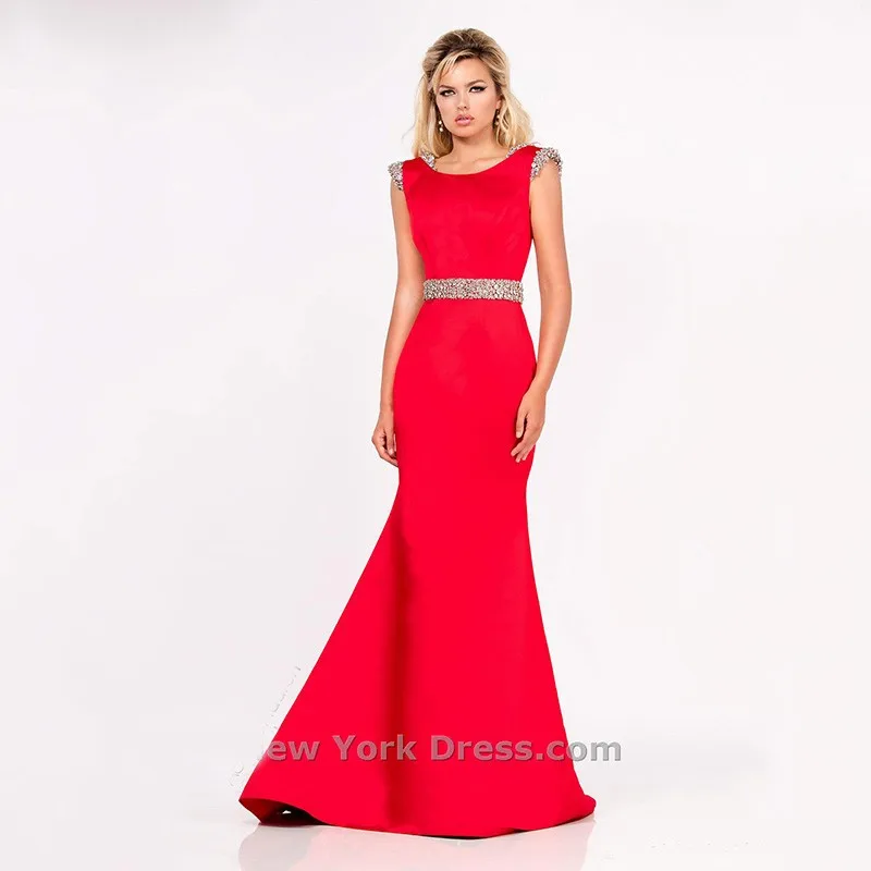 Elegant Cap Sleeves With Crystals Scoop Neck Navy Blue Red Mermaid Evening Dresses Open Back Sweep Train Vestidos De Soiree | Свадьбы и