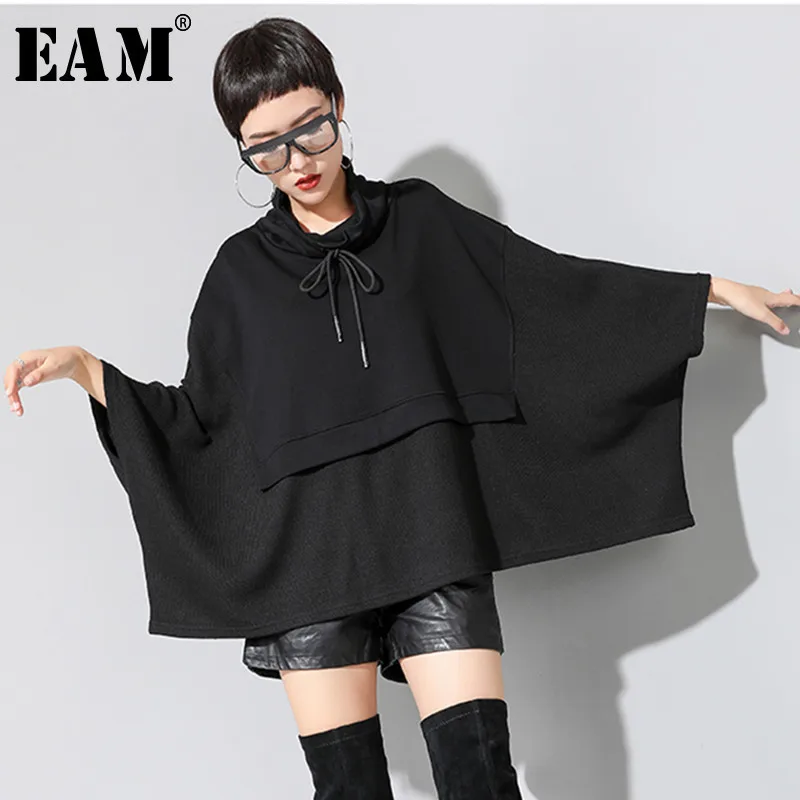 

[EAM] 2019 New Spring Summer Stand Collar Long Batwing Sleeve Black Spliced Big Size Sweatshirt Women Fashion Tide JR578