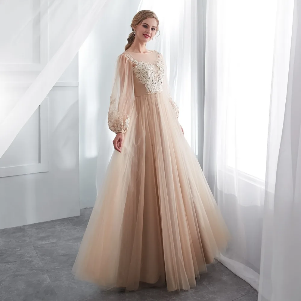 Robe Soiree Longue Femme 2019 Walk Beside You Dark Champagne Evening Dresses Long Sleeve Lace Applique Illusion Bodice Prom Gown