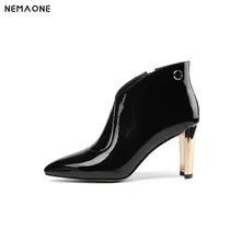 NemaoNe Genuine Leather Women Ankle Boots Autumn Thick High Heel Martin Boots Zip Winter Handmade Leather Shoes Boot Black