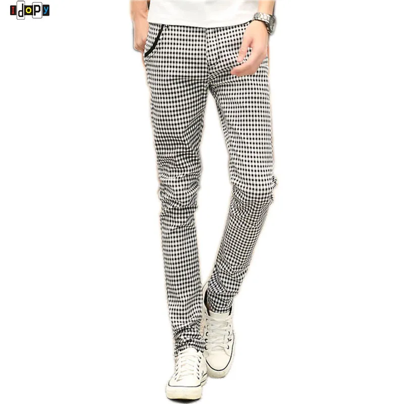 Stylish Men`s Plaid Pencil Pants England Style Plaid Slim Fit Classic Luxury Trousers Slacks For