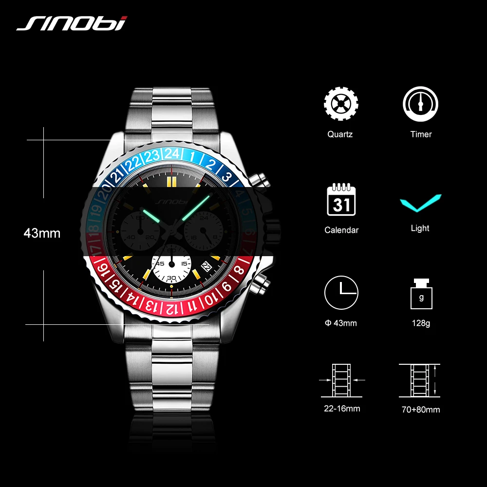 SINOBI New Luxury Men Watch Rotatable Bezel Full Steel Submariner series Watch Top Brand Luxury Chronograph Quartz Watch Relogio
