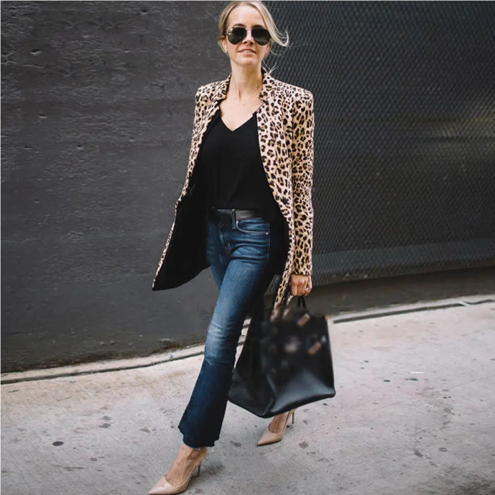 Модная женская куртка, леопардовая Длинная женская куртка, пальто с длинным рукавом, v-образный вырез, деловая одежда для женщин размера плюс