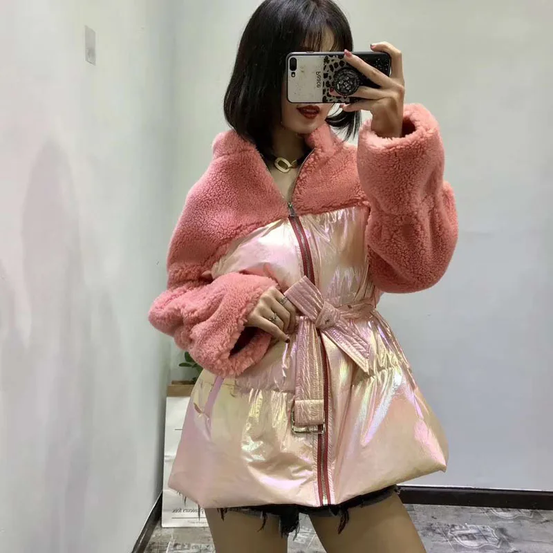 

winter women coat duck down jacket real sheep fur coats 2019 new style stand collar thick warm parka with belt patchwork coat