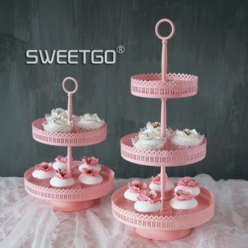 

European Fruits Disc Pink Colour WROUGHT IRON Cake Wedding Wedding Afternoon Tea Hollow Out Lace Three Layers A Snack Frame