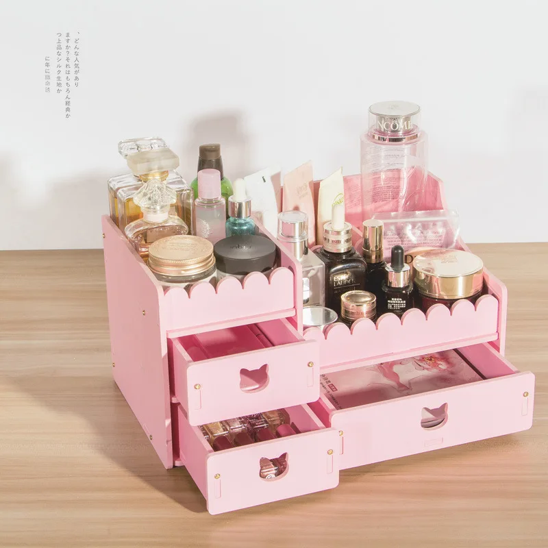 

Multifunctional Makeup Organizer with Drawer Cosmetics Wood Storage Box Bathroom Office Waterproof Desktop DIY