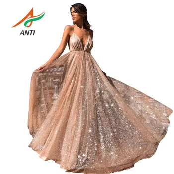 

ANTI Fashion Tulle Evening Dresses 2019 Sexy V-Neck Backless Robe De Soiree A-Line Floor-Length Slit Slim Formal Party Dress