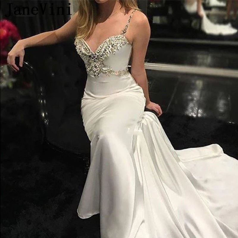 Janevini Sexy Mermaid Wedding Dress Satin Bling Beaded Spaghetti