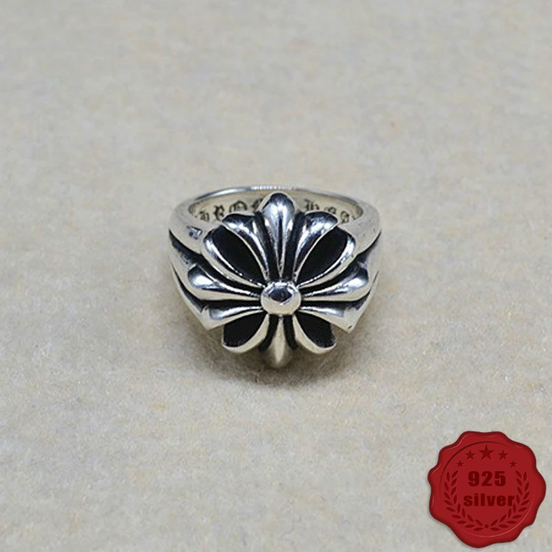 

100% 925 sterling silver ring personality retro fashion hip-hop style punk style cross flower domineering men's jewelry hot sale