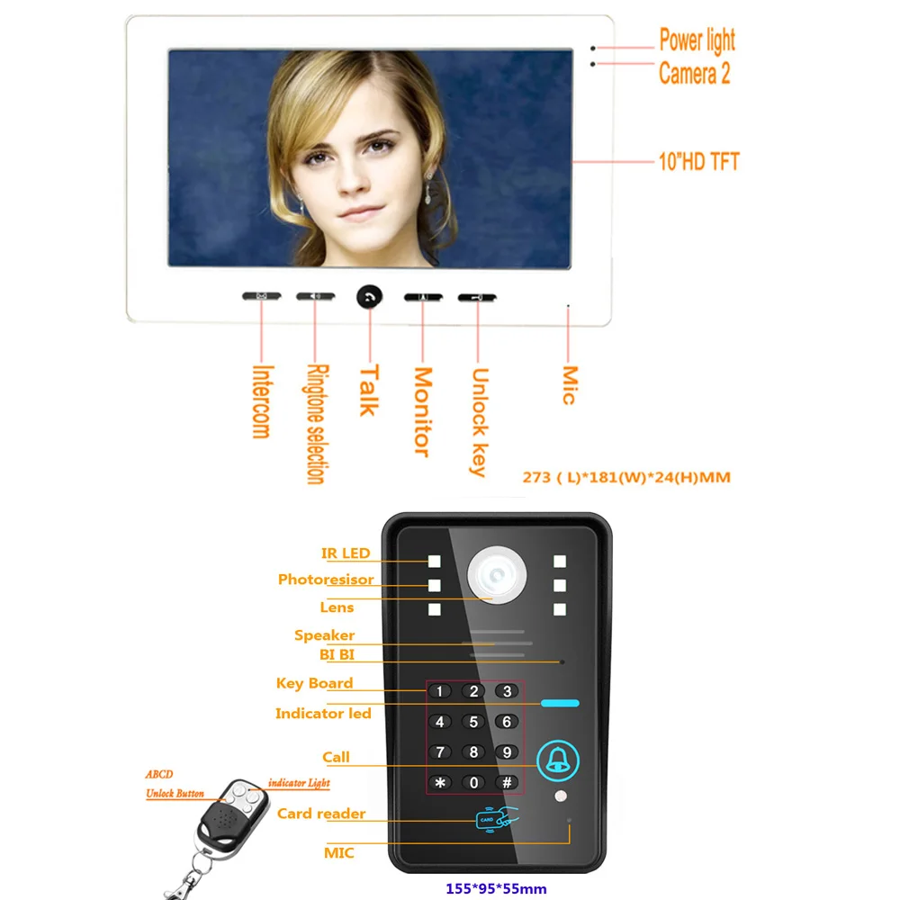 10 "RFID Wachtwoord видео Deurtelefoon Deurbel домофон Systeem Met ИК Камера 1000 ТВ Lijn Met GEEN-Elektrische Strike deur замок