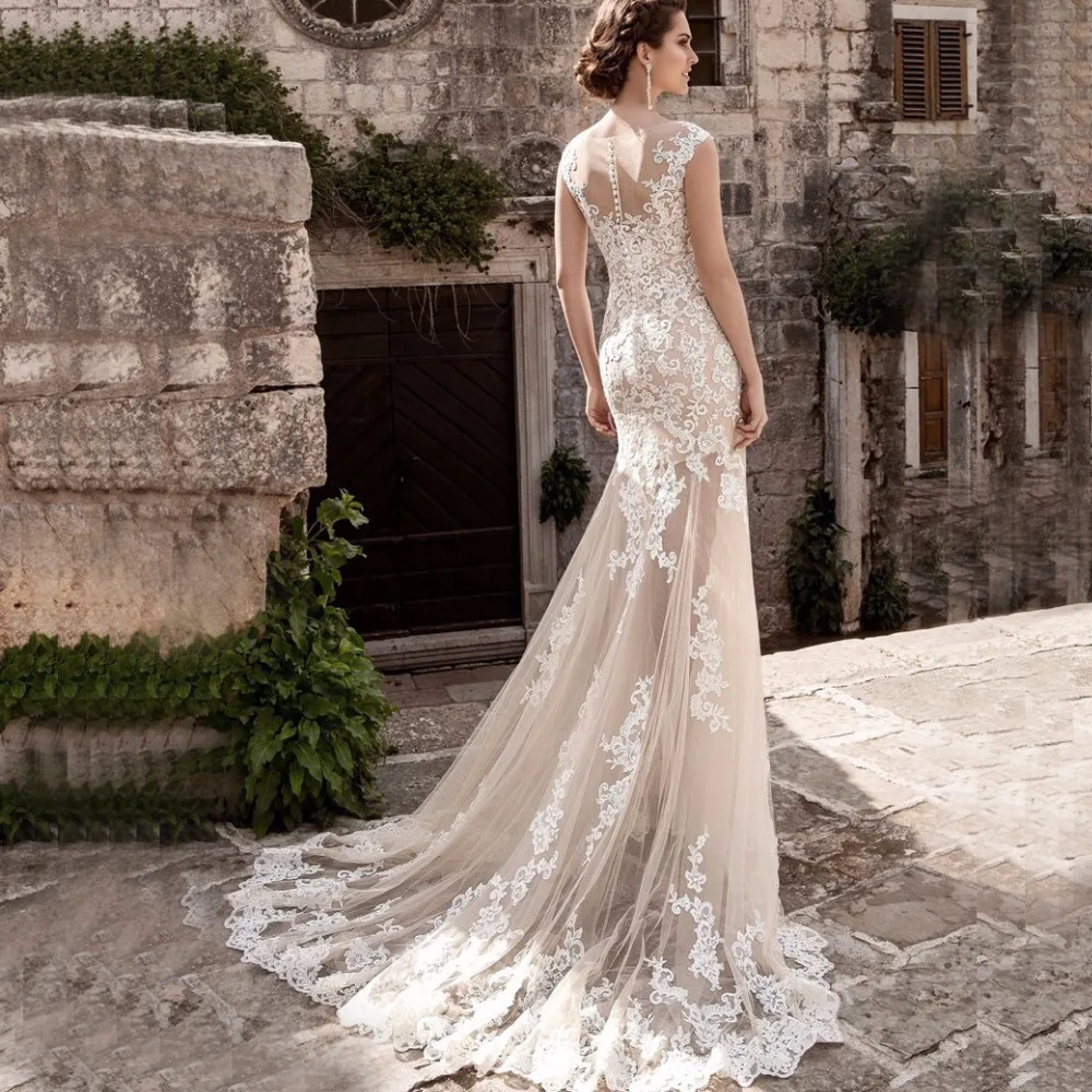 

Charming Mermaid Wedding Dresses Sheer Skirt Removable Bridal Gown Lace Bride Dress Vestidos de Novia 2019 Robe de Mariee