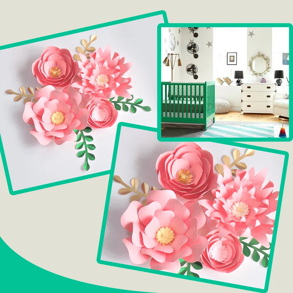 Handmade Pink Rose DIY Paper Flowers Leaves Set For