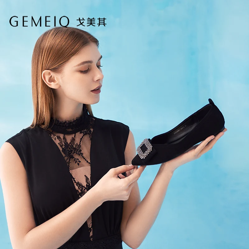 

GEMEIQ 2019 Spring New Shallow Pointed toe Rhinestone Square buckle Nude shoes flat with Comfortable casual Women Shoes