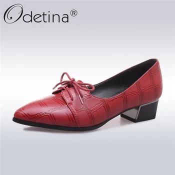 

Odetina New Fashion Women Classics Shoes Chunky Heels Pointed Toe Lace Up Printing Leisure Ladies Thick Heel Big Size 32-43