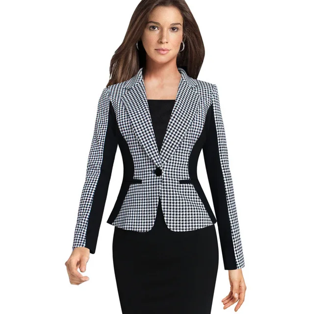 أزياء المرأة Houndstooth و خليط ضئيلة الحلل للمرأة طويلة الأكمام التباين اللون يناسب زر واحد السترات ملابس خارجية
