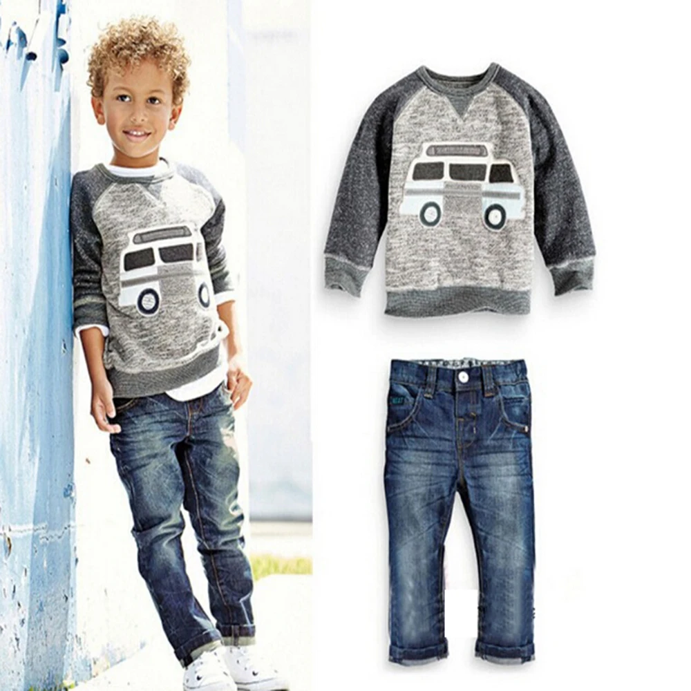DT0252 комплекты одежды для маленьких мальчиков на весну-осень модные детские с изображением мультяшного автомобиля футболка+ джинсы 2 шт./компл. детская одежда 2 3 4 5 6 т