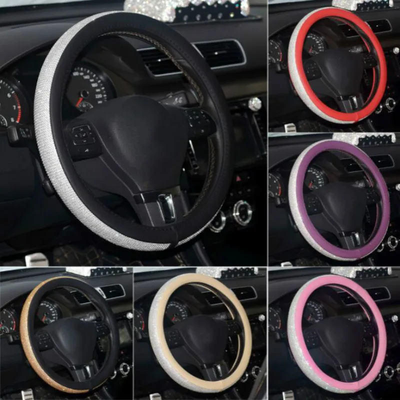 

Crystal Rhinestone Car Leather Steering Wheel Covers Cap Steering-Wheel Cover Auto Car Interior Accessories For Women Girls