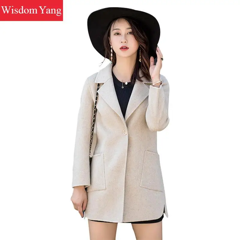 Elegant Beige Wool Women Coats Winter Warm 2018 Female Long Overcoat Woolen Woman Slim Casual