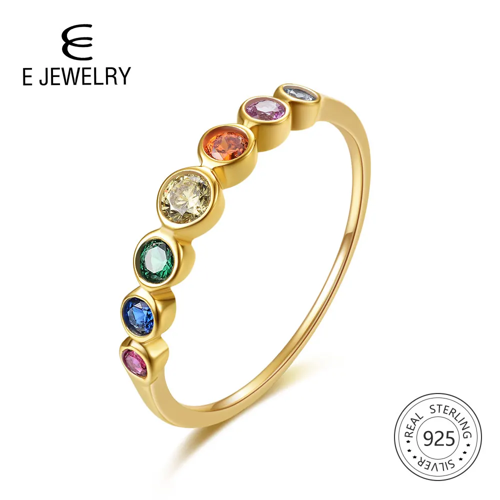 E S925 Sterling Silver Rainbow Rings Cubic Zirconia 14K Gold Plated Wedding Engagement Band Ring For Women Colorful Jewelry huismerk kopen in de aanbieding E S925 Sterling Silver Rainbow Rings Cubic Zirconia 14K Gold Plated Wedding Engagement Band Ring For Women Colorful Jewelry huismerk kopen in de aanbieding