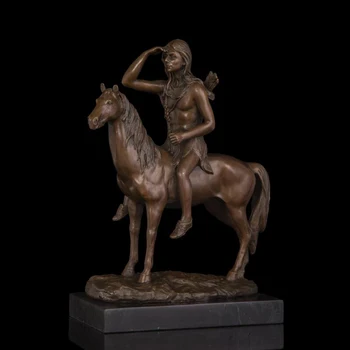 

34 CM Western Art Deco Bronze Primitive Tribe Man Boy Huntsman Horse Sculpture