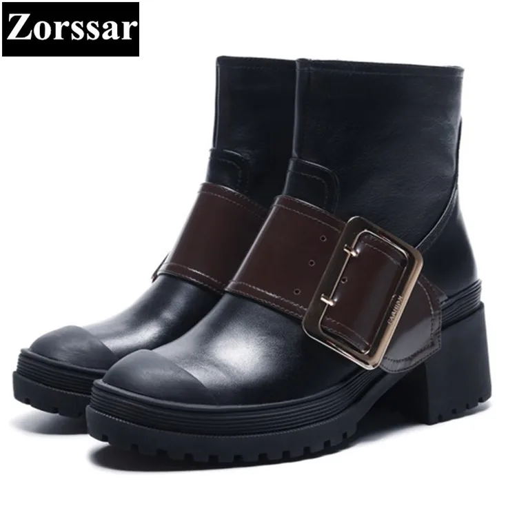 

{Zorssar} 2018 NEW fashion buckle women boots Cow leather comfort Thick heel zipper High heels ankle boots winter women shoes