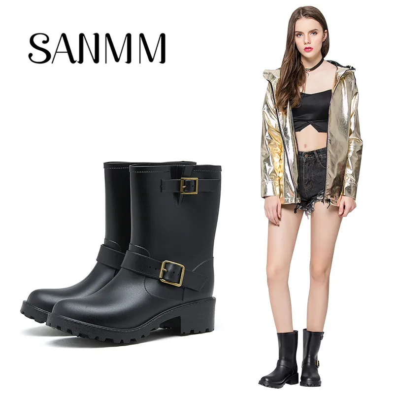 

SANMM Women Mid-Calf Buckle Rainboots Non-Slip Waterproof Autumn Boots British Style Water Shoes Woman Wellies