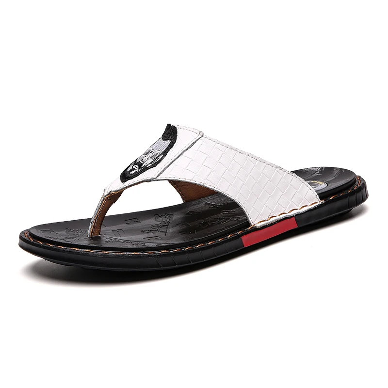 Summer New Trendy Men Genuine Leather Flip Flops High Quality Non-slide Male Slippers Outdoor Casual Shoes for Mens - Цвет: White