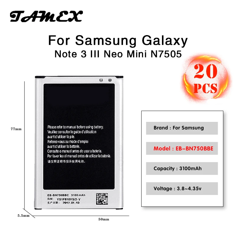 

Replacement Battery EB-BN750BBC EB-BN750BBE For Samsung Galaxy Note 3 NEO LTE SM-N7505 3100mah High Capacity batteria Akku 20PCS