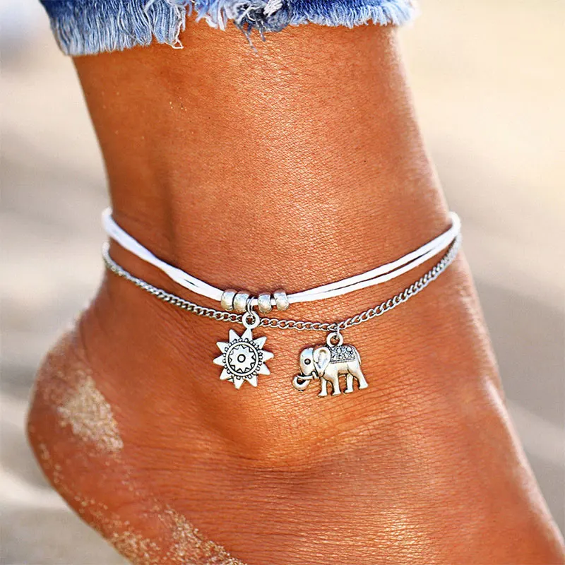 

Vintage Multiple Layers Anklets for Women Elephant Sun Pendant Charms Rope Chain Beach Summer Foot Ankle Bracelet Jewelry