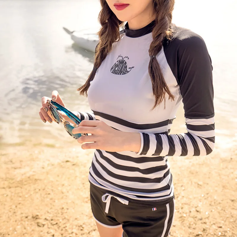 2017 High Neck Long Sleeve Two Pieces Suit Swimsuit Women Push Up Tankini Set Beach Wear Striped