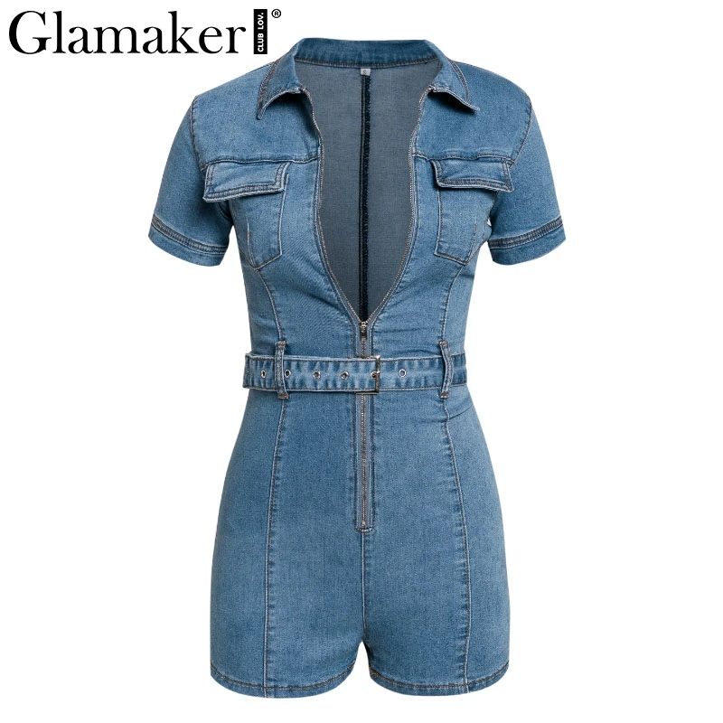 Женский комбинезон Glamaker голубой джинсовый короткий сексуальный облегающий