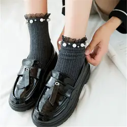 Новый хлопок Японский кружево жемчужные носки элегантно придерживаться ноги носки огонь для женщин Лолита Мода 1 пара = 2 шт