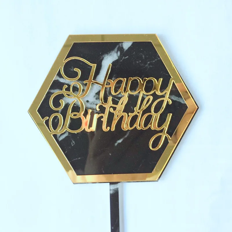 New INS Marble Acrylic Cake Topper Hexagon Gold Happy Birthday Cake Topper For Kids Birthday Party Cake Decorations Baby Shower