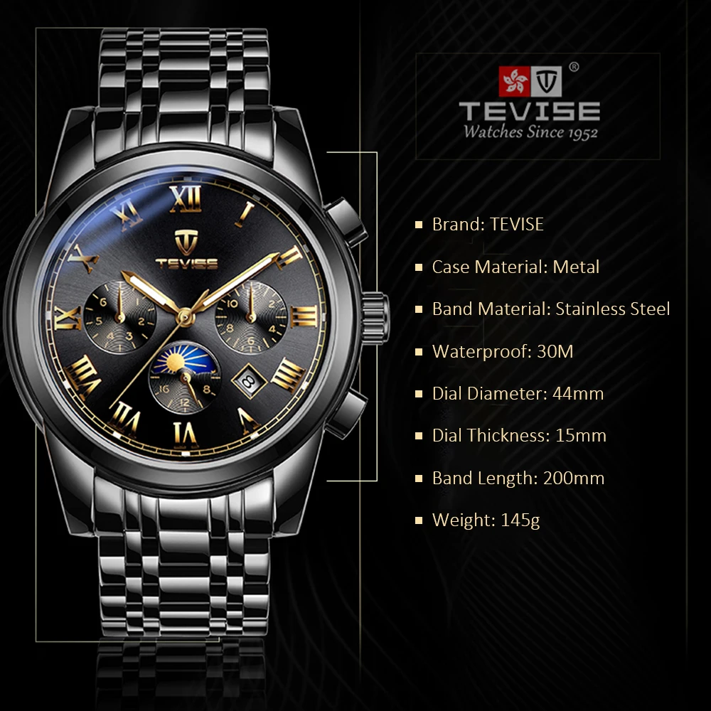 

TEVIS 9005 Automatic men's Mechanical Watch Waterproof Watches Men Fashion Multifunctional clock Stainless Steel Band Wristwatch