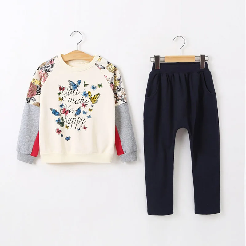

2017 New 2pcs spring autumn children clothing set baby girls sports suit Butterfly pattern casual costume