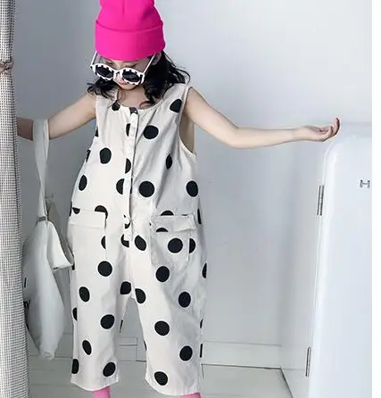 

Girls'jumpsuits 2019 summer dress new Korean version of children's Korean version of wave-point jumpsuits sleeveless pantsY15