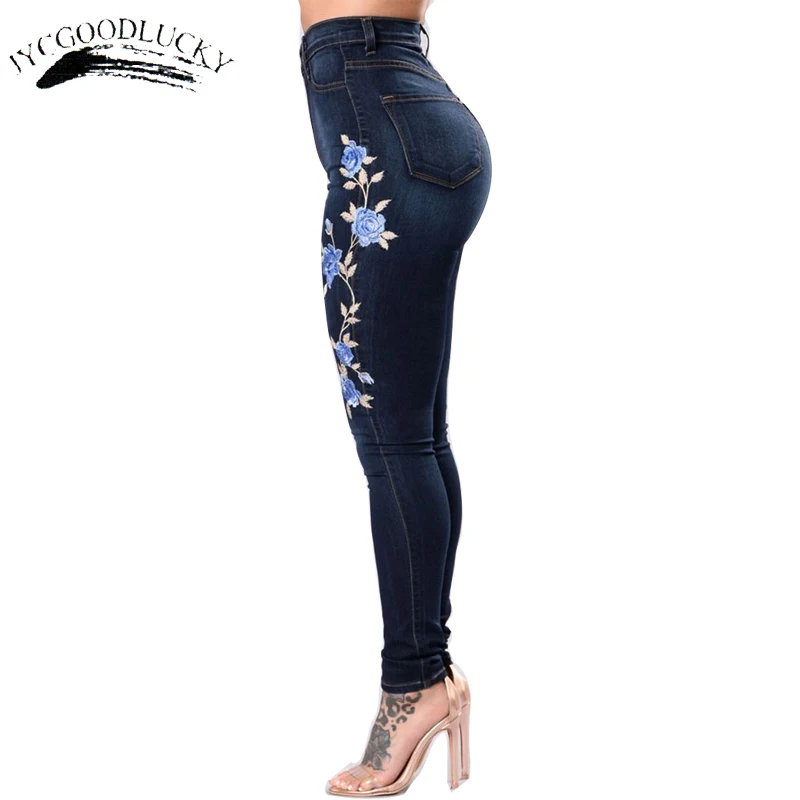 Embroidery Jeans Woman Plus Size 3XL High Waist Jeans Gradient Denim Ladies Jeans Femme Push Up Mom Jeans Flower Pants Elastic