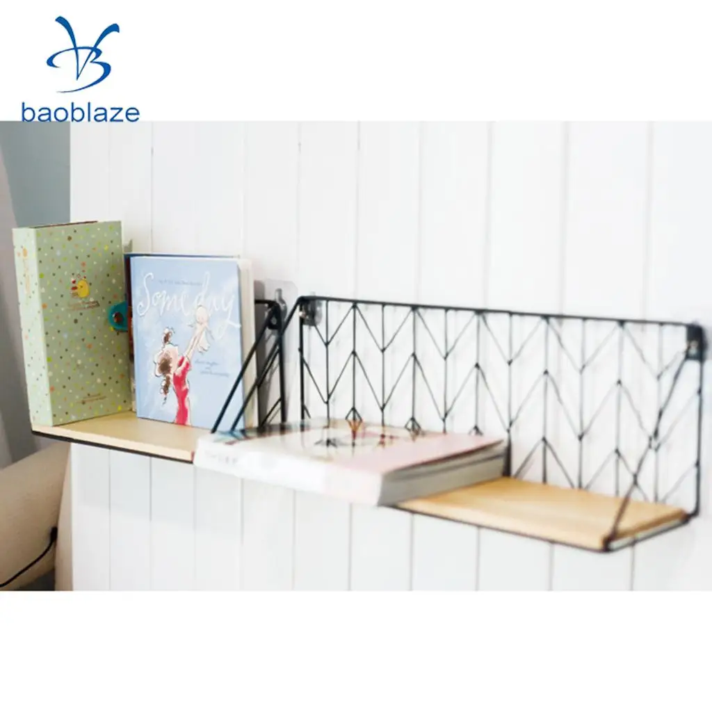Iron Wall Hanging Storage Organizer with Pine Wood Board Plants Holder for Bedroom, Living Room, Bathroom, Kitchen, Office