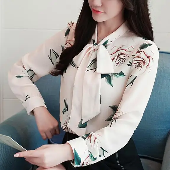 Women Shirts Long Sleeve Blouse Casual Print Chiffon Blouse Shirt Ropa Mujer Bow V-neck Office Blouse Womens Tops and Blouses