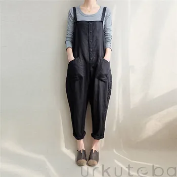 

Trendy Women clothes Casual Loose Linen solid sleeveless Cotton Jumpsuit pocket Button Strap Rompers one pieces
