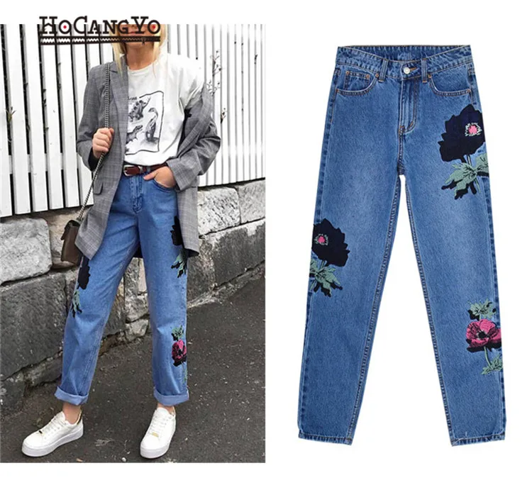 HCYO Джинсы женские с высокой талией джинсы с вышивкой свободные прямые потертые джинсы с вышивкой брюки хлопковые джинсы Femme