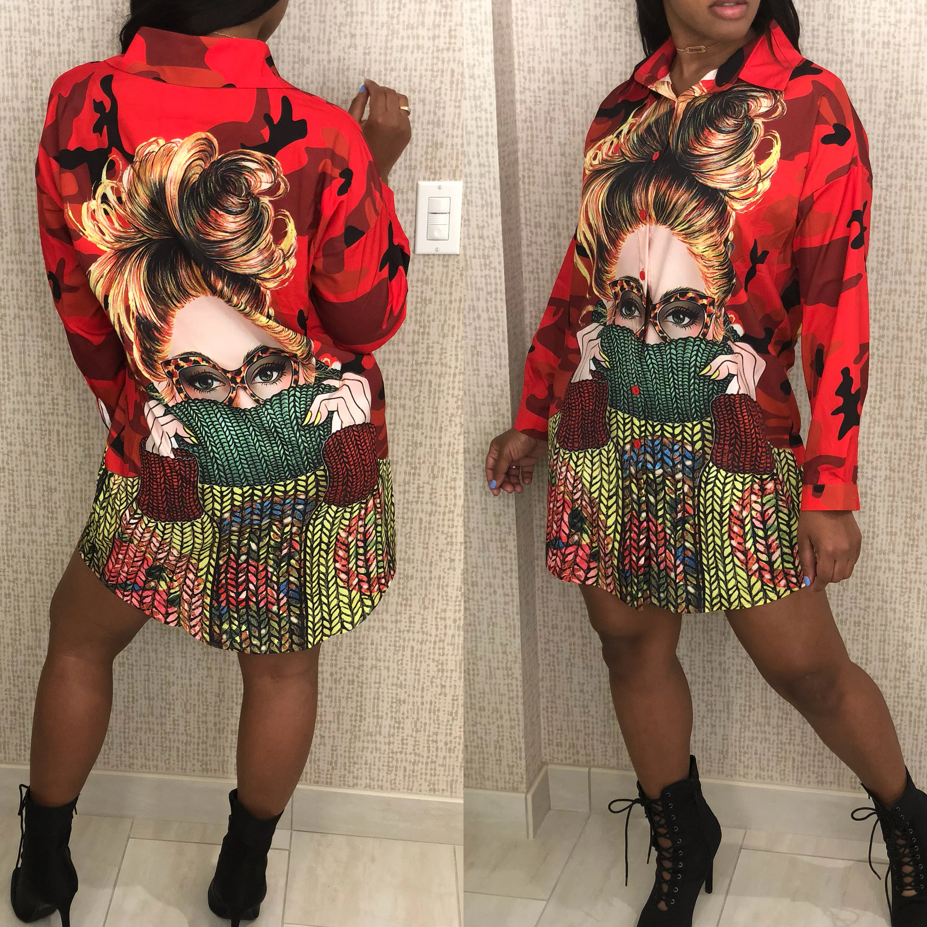 Women Hippie Long Sleeve Turn-Down Collar Loose Printed Tops Casual T-shirt Blouse Shirts Mini Dress 2019 New