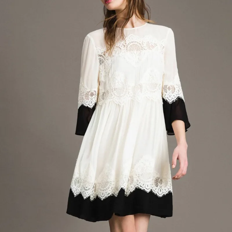

Women Dress 2019 New Product Sleeves Autumn New Lace Silk Stitching French Style Female midi Dress
