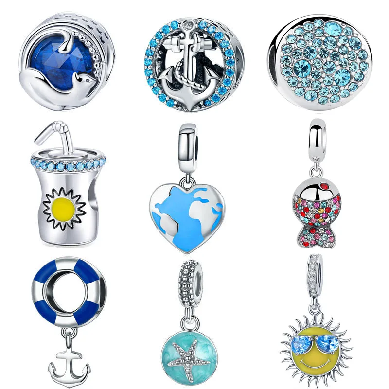 

INBEAUT Genuine 925 Sterling Silver Summer Shell Blue CZ Fish Ocean Anchor Beverage Bottle Cat Beads Charm fit Pandora Bracelet