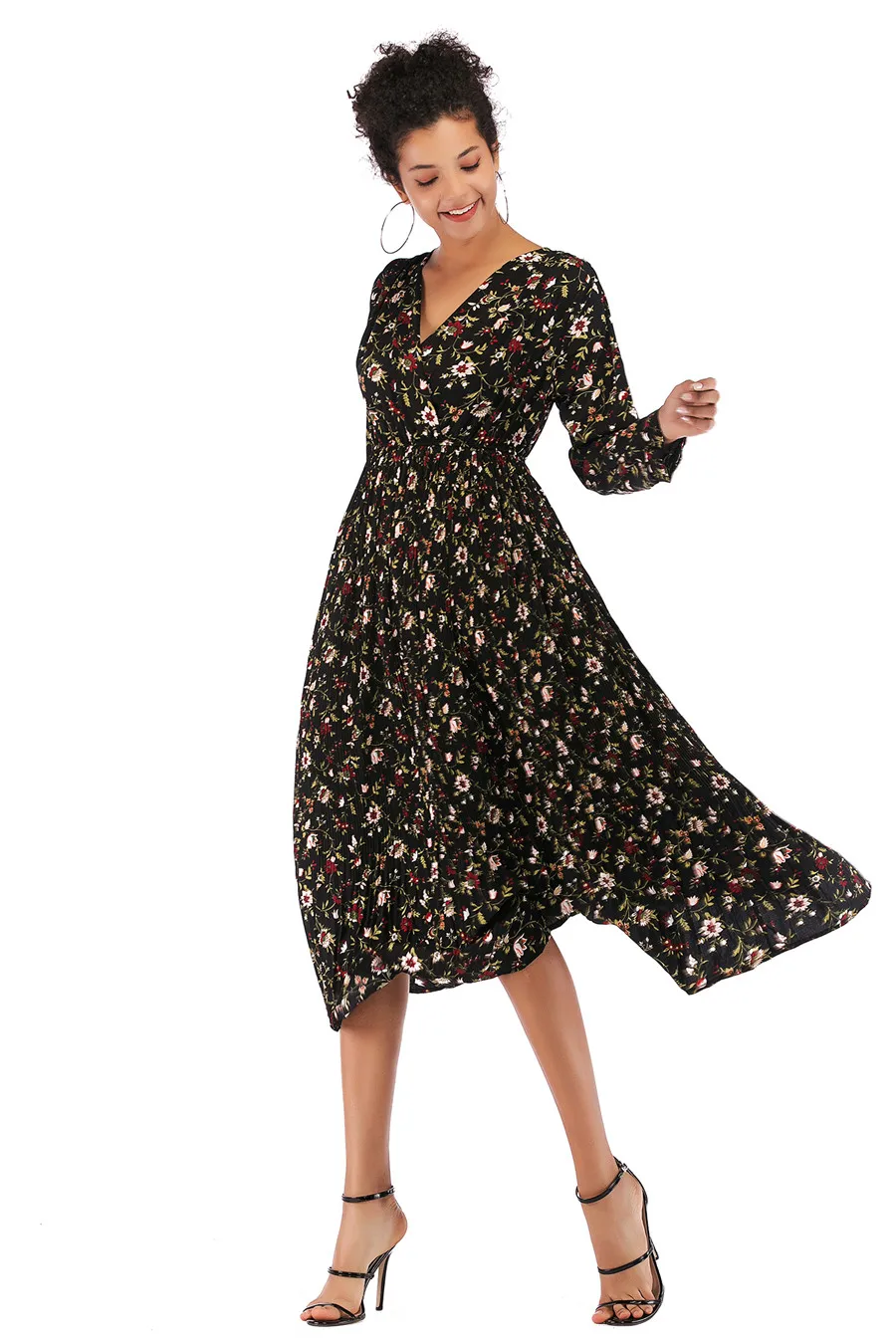 Gladiolus Hot 2018 Autumn Dress Women Long Sleeve V-Neck Sexy Floral Print Tunic Loose Midi Chiffon Dress Women Beach Sundress (19)