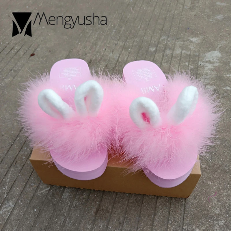 Bonitas sandalias de piel con Orejas de conejo para mujer, chanclas de pelo rosa, zapatos de cuña de plataforma para mujer, zapatillas de blancas c476|Sandalias de mujer| - AliExpress