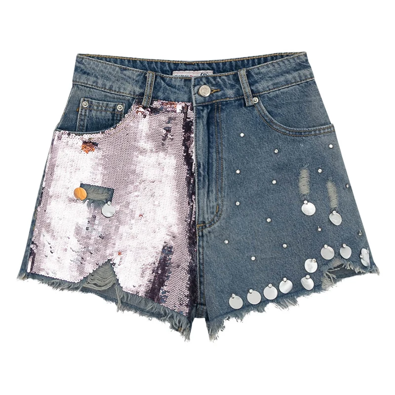 

Korea Womens Summer Fashion High Waisted Glitter Rhinestone Tassel Hole Denim Shorts , Wide Leg Beading Jeans Shorts For Women
