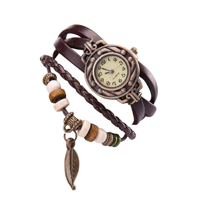 Kids Leather Leaf Pendant Winding Bracelet Watch