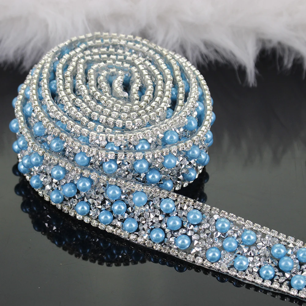 

2yard Beaded Crystal Hot fix Rhinestones Lace Ribbon Applique Iron on Motif Clothes Bag Decoration Sewing Accessories