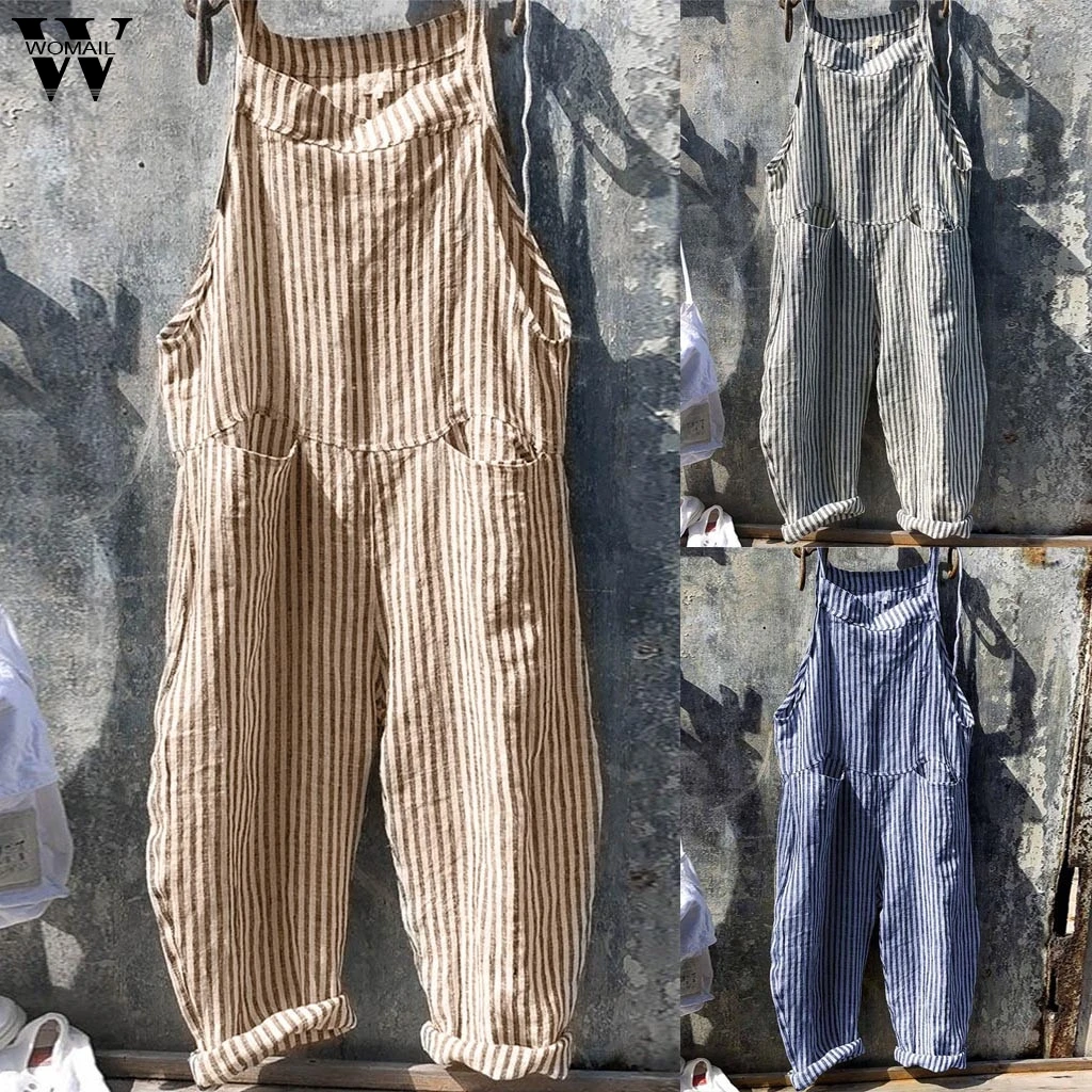Womail bodysuit Women Summer Sleeveless Fashion Sexy Linen Casual Stripe Playsuit with Pocket Beach Wide Leg Romper Holiday M521 Womail bodysuit Women Summer Sleeveless Fashion Sexy Linen Casual Stripe Playsuit with Pocket Beach Wide Leg Romper Holiday M521
